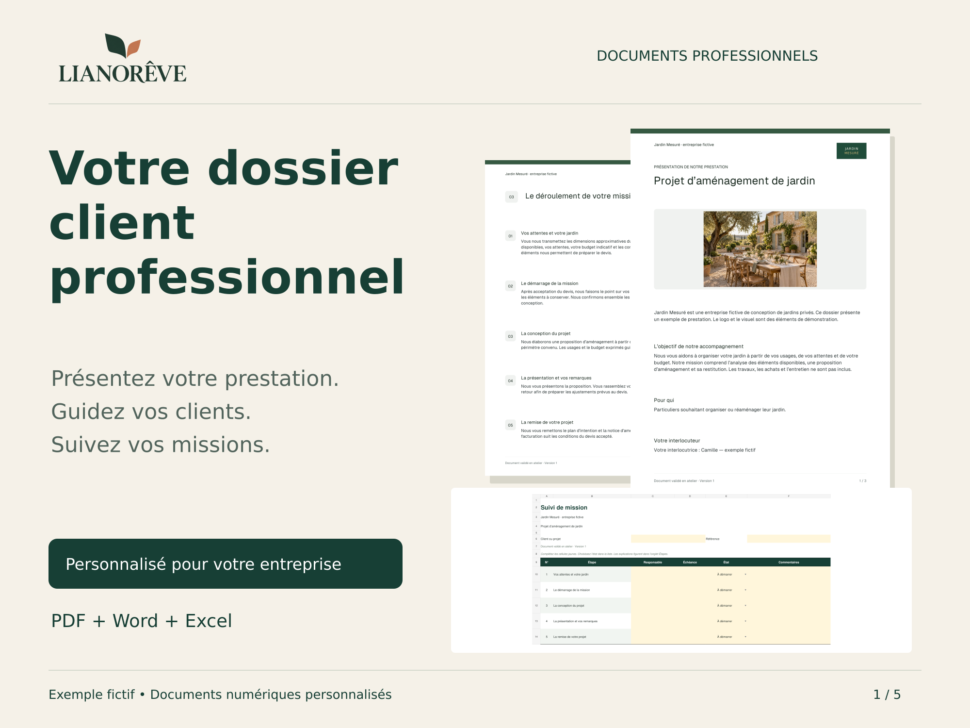 Exemple Jardin Mesuré : dossier client, déroulement de mission et tableau de suivi Excel