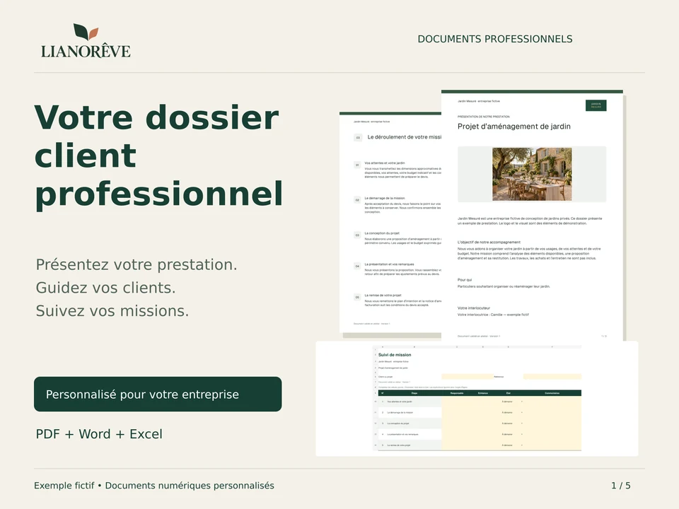 Présentation du dossier client professionnel avec ses formats PDF, Word et Excel